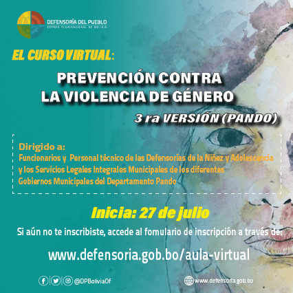 La Defensoría del Pueblo realizará curso virtual de Prevención de la Violencia de Género en Pando