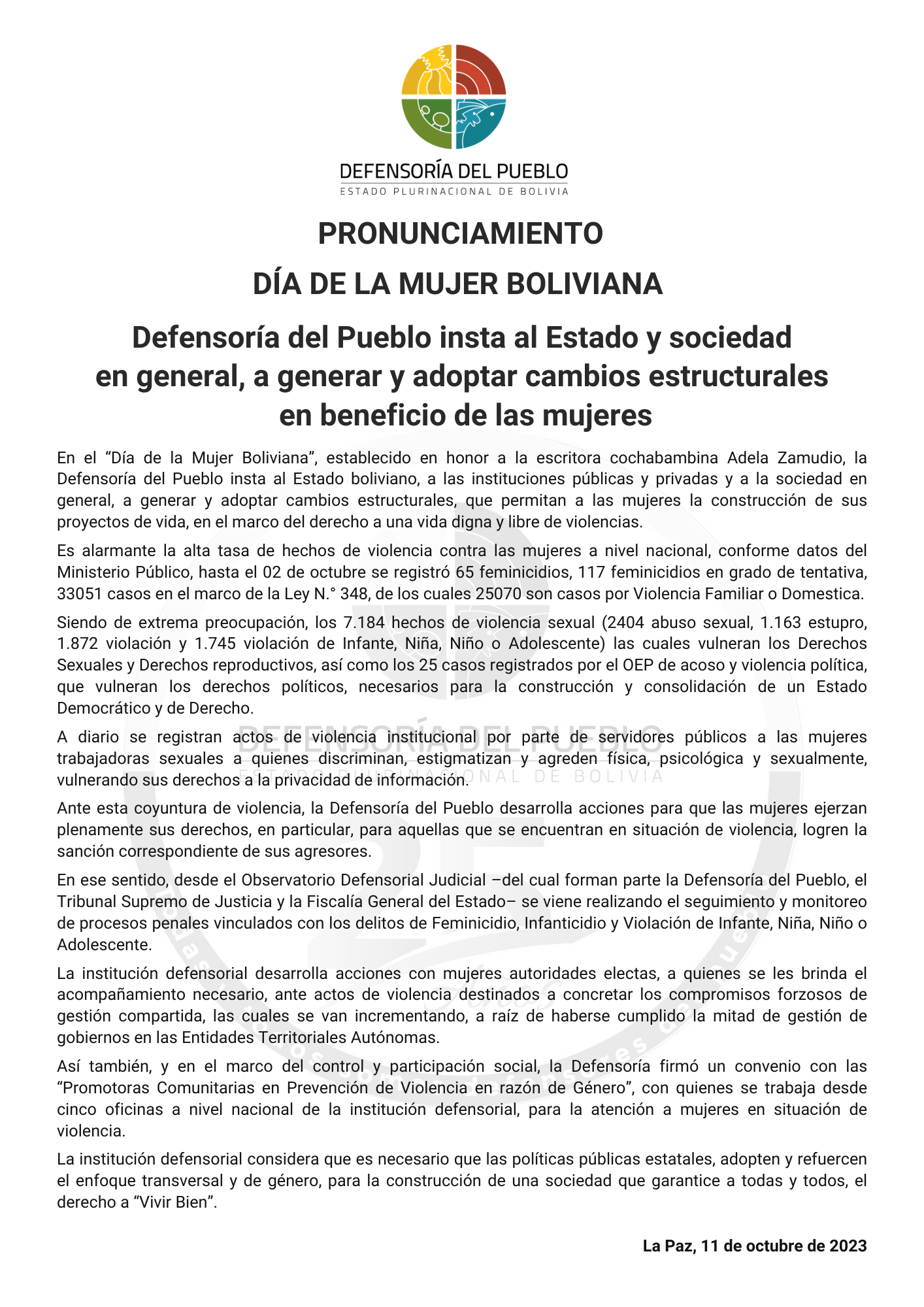DÍA DE LA MUJER BOLIVIANA Defensoría del Pueblo insta al Estado y sociedad en general, a generar y adoptar cambios estructurales en beneficio de las mujeres