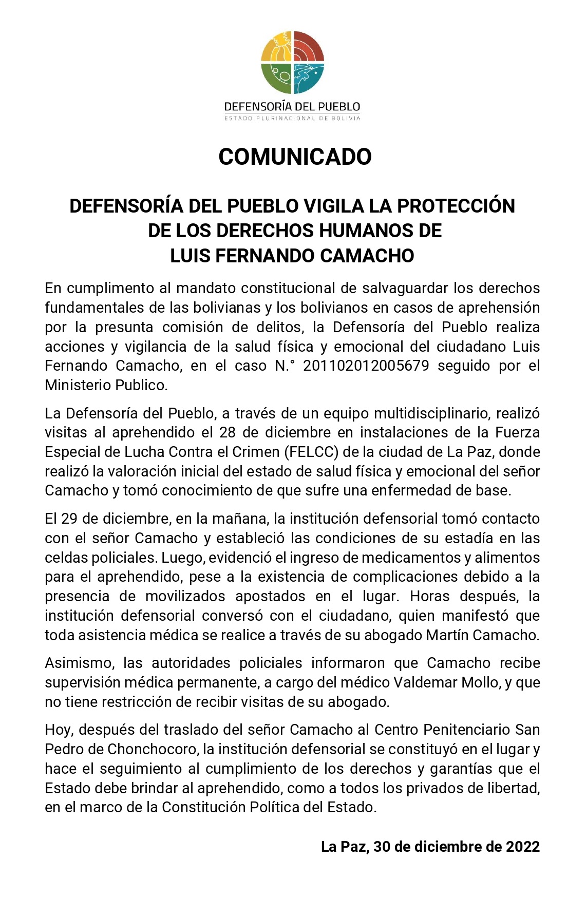 DEFENSORÍA DEL PUEBLO VIGILA LA PROTECCIÓN DE LOS DERECHOS HUMANOS DE LUIS FERNANDO CAMACHO