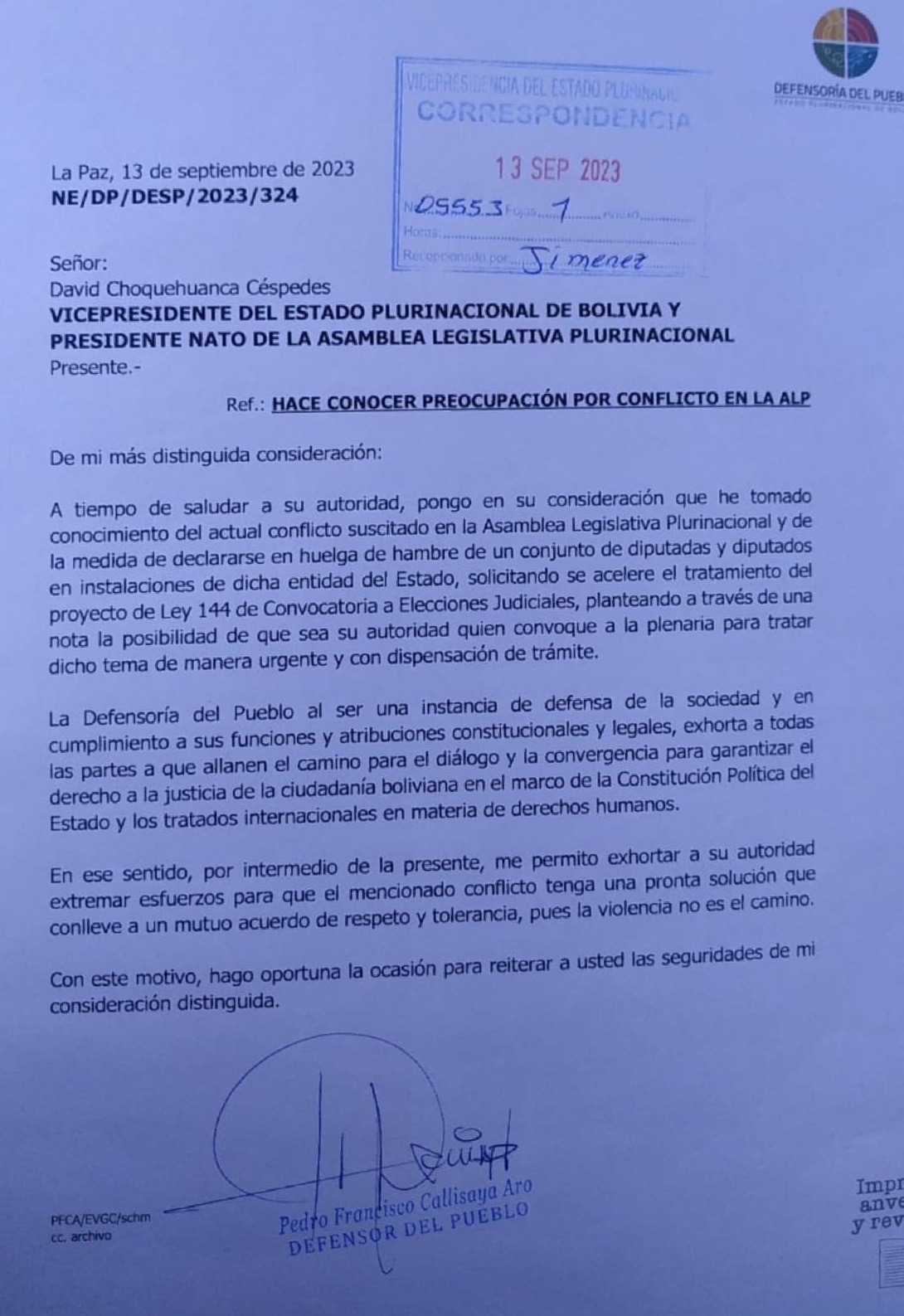 Defensor del Pueblo envía carta al Vicepresidente para pedirle que la ALP garantice el acceso a la justicia para la población