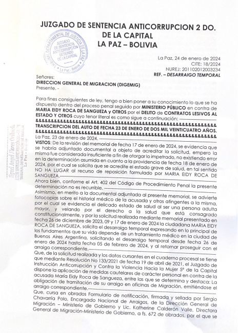 Juez autoriza viaje de Eidy Roca a Argentina ante la intervención de la Defensoría del Pueblo