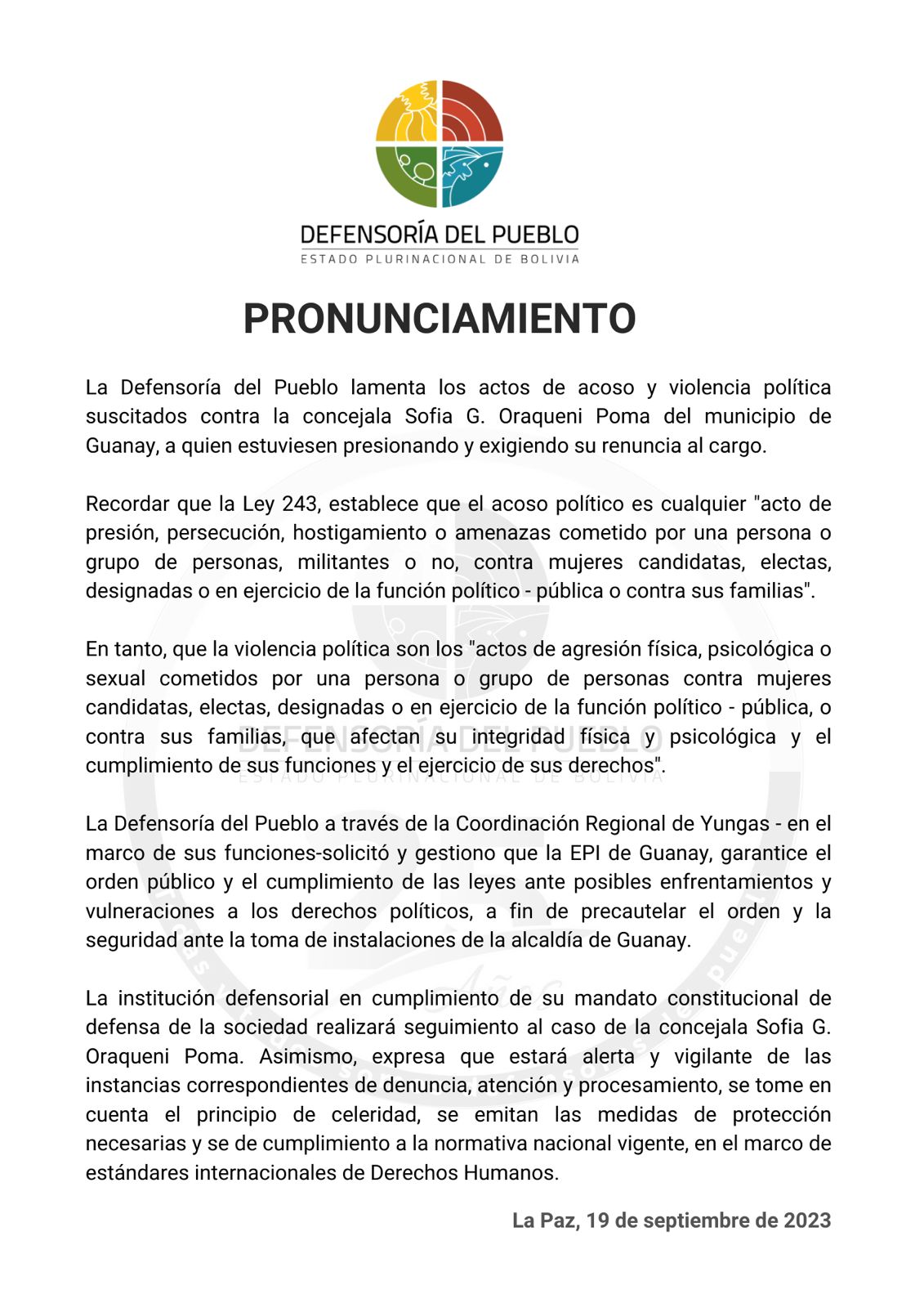 Pronunciamiento sobre actos de acoso y violencia política suscitados contra la concejala Sofia G. Oraqueni Poma del municipio de Guanay